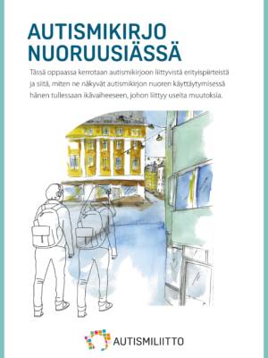 Oppaan etukansi, piirroskuvassa kaupunkimaisemaa ja kaksi ihmistä kävelemässä.