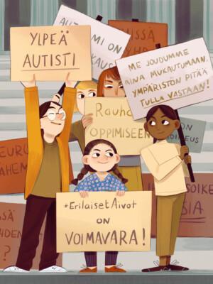 Lapsi ja nuoria julisteineen eduskuntatalon portailla osoittamassa mieltä.